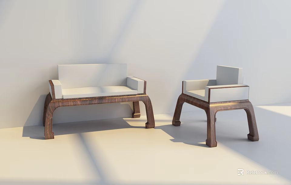 Two Modern Leisure Chairs With Wooden Frame White Cushions In Minimalist Room Light Shadows 3d model 