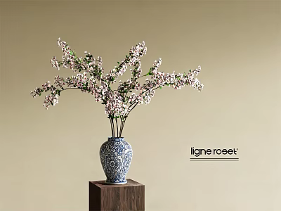 Blue And White Patterned Vase With Pink White Flowers On Wooden Stand Ligne Roset 3d model