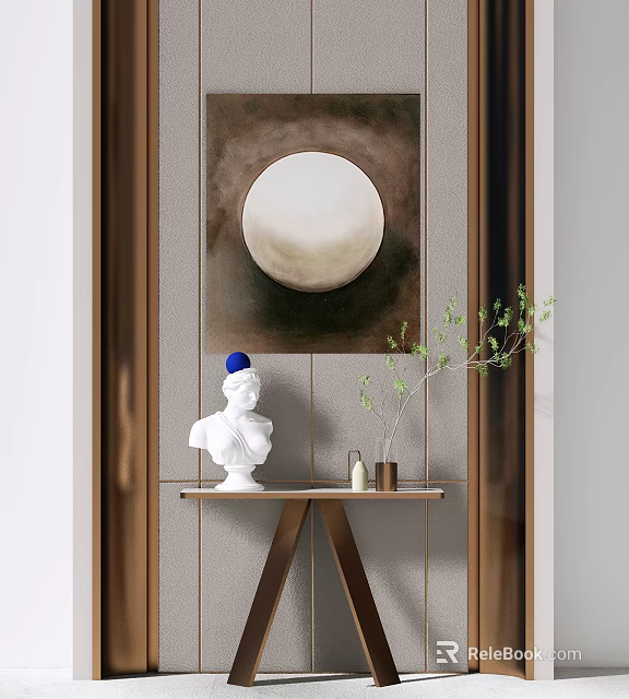 Elegant Console Table With Statue Decorative Painting Vase And Green Plant 3d model 