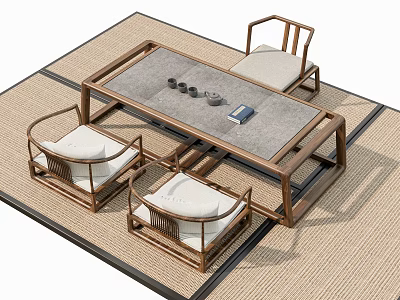 Chinese Style Wooden Tea Table and Chairs With Teacups On Woven Mat 3d model