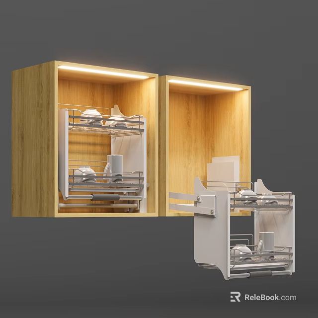 Wooden Kitchen Cabinet with Lighting Open Design Metal Racks Pull out Shelf for Kitchen Utensils 3d model 