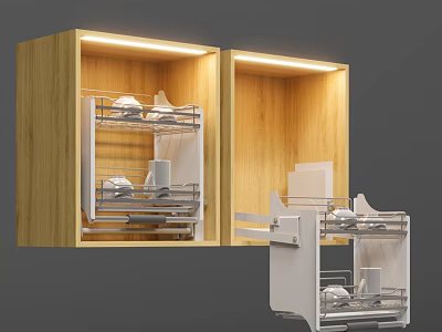 Wooden Kitchen Cabinet with Lighting Open Design Metal Racks Pull out Shelf for Kitchen Utensils 3d model