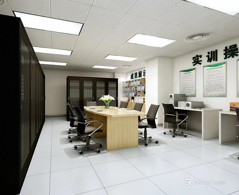 Training Conference Room Interior With Long Wooden Table Black Office Chairs And White Ceiling Lights 3d model 