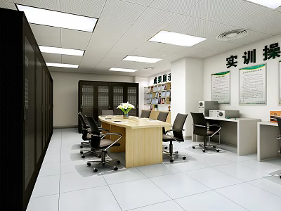 Training Conference Room Interior With Long Wooden Table Black Office Chairs And White Ceiling Lights 3d model