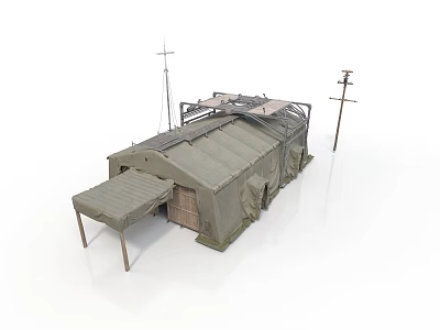 Modern Military Field Tent Setup With Antenna Mast And Power Line Pole 3d model