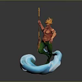 Mythical Muscular Ocean Figure With Golden Hair And Trident Riding Blue Wave Creature