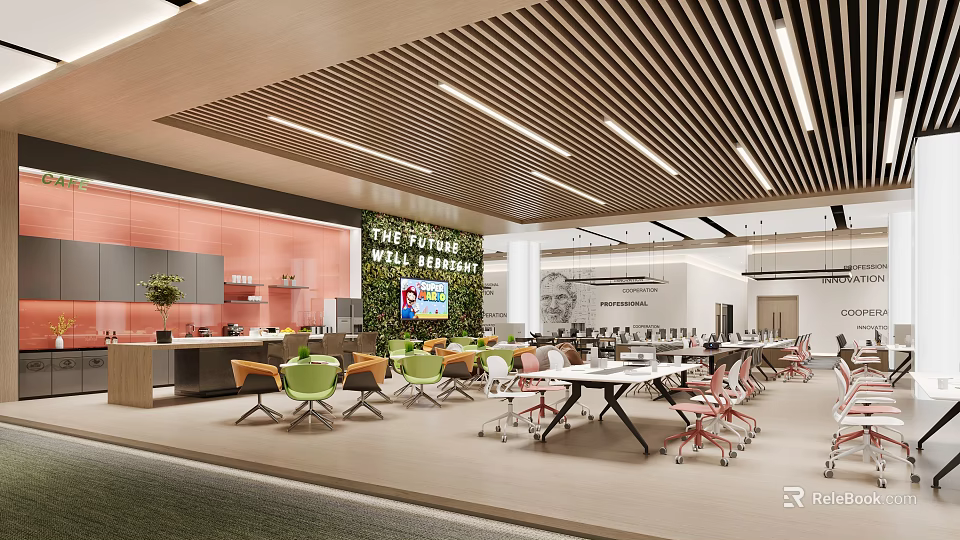 Modern Public Office Space With Open Layout Desks Ergonomic Chairs Green Plants And Ceiling Lighting 3d model 