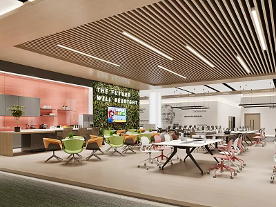 Modern Public Office Space With Open Layout Desks Ergonomic Chairs Green Plants And Ceiling Lighting 3d model