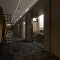 Modern Office Corridor With Long Workstations Green Plants And Linear Ceiling Lighting 3d model