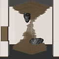 Golden Modular Sculpture With Black Stones In Modern Interior Space