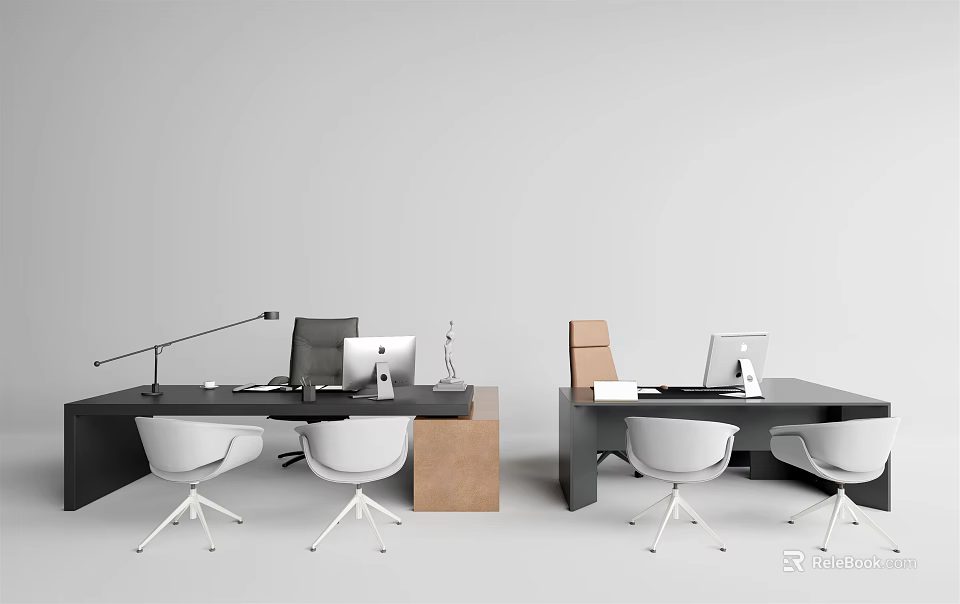 Modern Office Desk Setup With White Chairs Computer And Desk Lamp 3d model