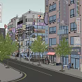Bustling Shopping Street Featuring Shops Trees And Scooter On City Road