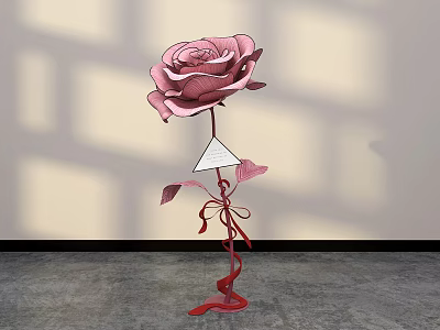 Floral Art Installation With Pink Rose Metal Frame And Shadow Effects On Wall Background 3d model