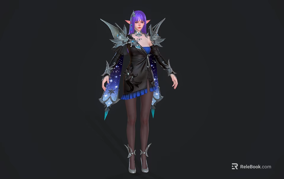 Fantasy Game Movie Character With Purple Hair Black Outfit And Crystal Wings 3d model 