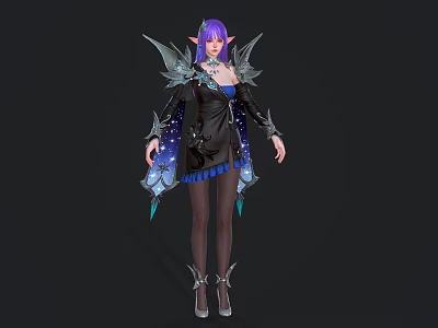 Fantasy Game Movie Character With Purple Hair Black Outfit And Crystal Wings 3d model