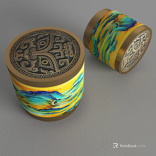 Cylindrical Stools Featuring Colorful Wave Patterns Intricate Carved Top And Golden Edges 3d model 