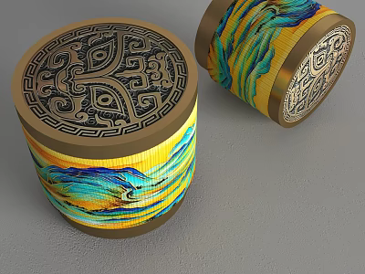 Cylindrical Stools Featuring Colorful Wave Patterns Intricate Carved Top And Golden Edges 3d model