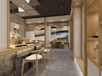 Japanese Restaurant Interior Design With Sushi Bar Chef And Wooden Seating Decor 3d model