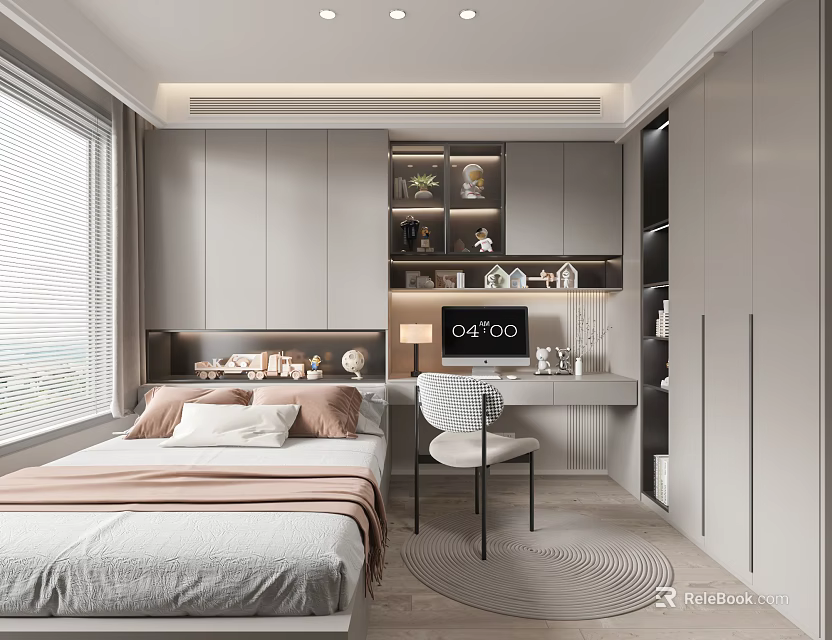 Modern Tatami Bedroom Interior With Gray Wardrobes Desk Bookshelf Window And Rug 3d model 