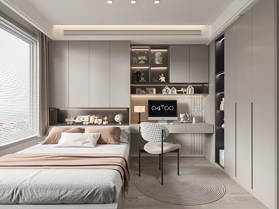 Modern Tatami Bedroom Interior With Gray Wardrobes Desk Bookshelf Window And Rug 3d model