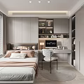 Modern Tatami Bedroom Interior With Gray Wardrobes Desk Bookshelf Window And Rug
