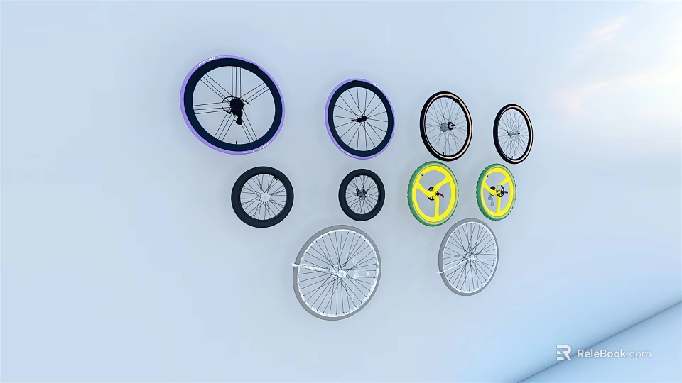 Colorful Bicycle Tires Purple Black Yellow Silver Arranged on Light Blue Background 3d model 