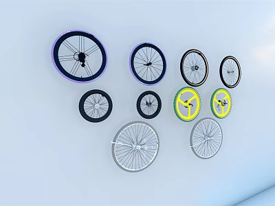Colorful Bicycle Tires Purple Black Yellow Silver Arranged on Light Blue Background 3d model