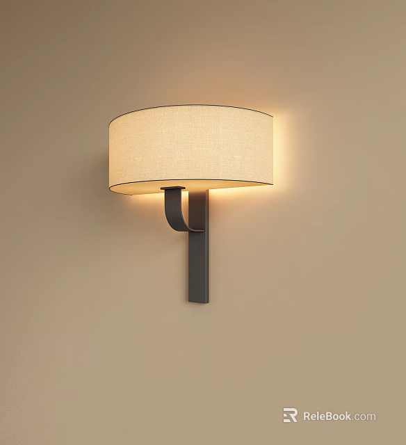 Modern Wall Lamp with Beige Fabric Shade and Black Metal Bracket Mounted on Beige Wall 3d model 