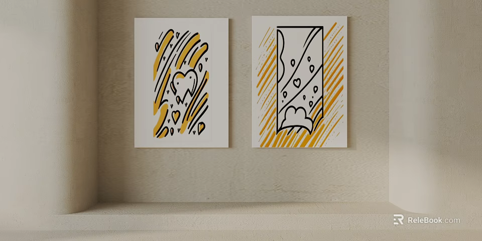 Abstract Decorative Paintings With Yellow Black Lines Heart Cloud Patterns On Beige Wall 3d model