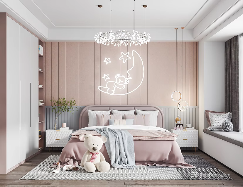 Cute Kids Room Interior With Pink Walls Moon Star Decor And Teddy Bear 3d model 