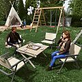 Garden Landscape With Lush Grass Wooden Deck Campfire Area Trees Rock And Parked Vehicles