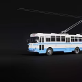 Vintage Blue And White Trolleybus With Overhead Wires On Black Background