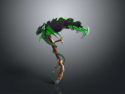 Fantasy Battle Axe With Green Purple Accents Dragon Head Design Serpentine Handle And Metallic Details 3d model