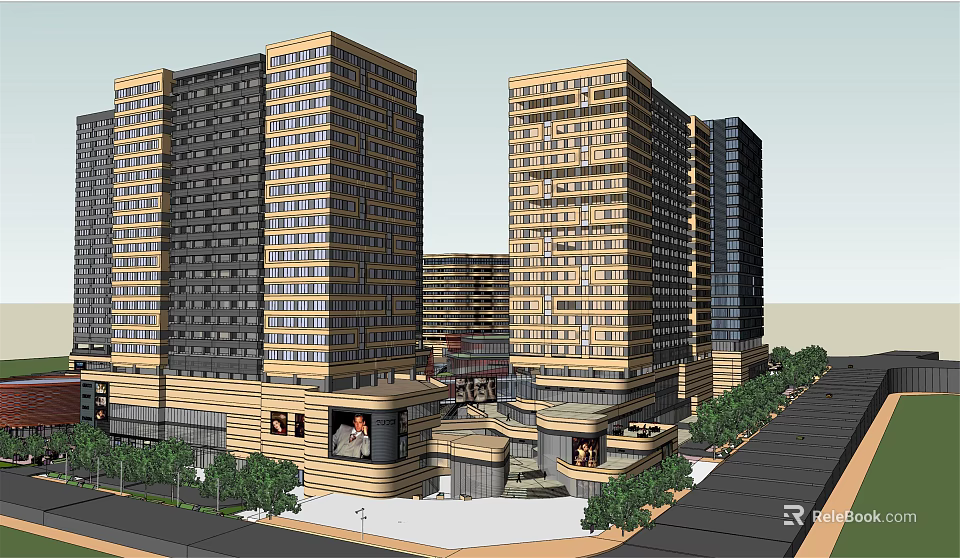 Modern Commercial Complex With High Rise Buildings Retail Areas And Plaza Greenery 3d model 