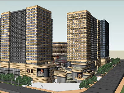 Modern Commercial Complex With High Rise Buildings Retail Areas And Plaza Greenery 3d model