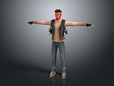 3D Model Man With Arms Outstretched Wearing Black Vest Brown T-Shirt Blue Jeans Gray Sneakers 3d model