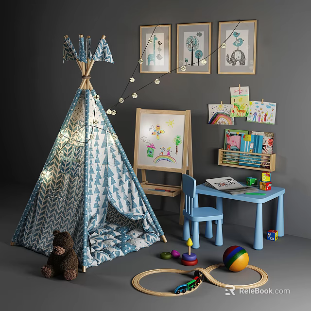 Blue Kids Table With Chair Drawing Board Bookshelf And Play Tent Toys 3d model 