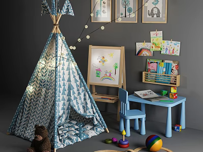 Blue Kids Table With Chair Drawing Board Bookshelf And Play Tent Toys 3d model