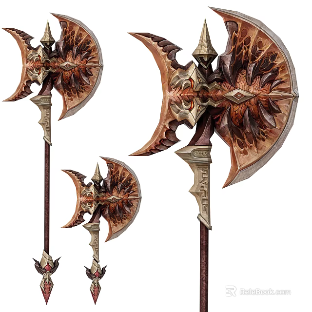Ornate Double Bladed Battle Axe Weapon With Intricate Carvings And Wooden Handle 3d model 