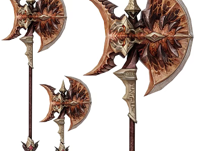 Ornate Double Bladed Battle Axe Weapon With Intricate Carvings And Wooden Handle 3d model