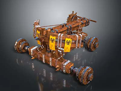 Medieval Siege Weapon With Wooden Structure Wheels Yellow Banners Black Symbols And Metal Parts 3d model