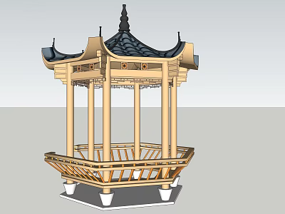 Traditional Chinese Wooden Pavilion With Hexagonal Base And Ornate Curved Eaves Design 3d model