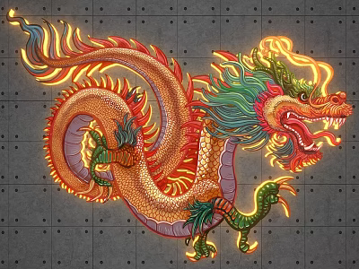 Colorful Dragon Neon Light Photo Spot on Gray Dotted Background Wall 3d model
