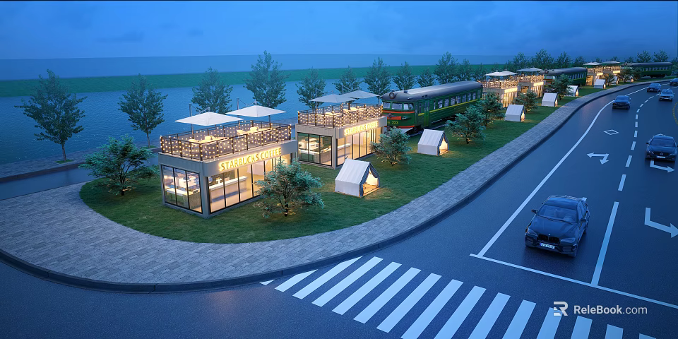 Modern Commercial Street Featuring Illuminated Buildings Outdoor Seating Vintage Train And Green Landscaping 3d model 