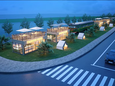 Modern Commercial Street Featuring Illuminated Buildings Outdoor Seating Vintage Train And Green Landscaping 3d model