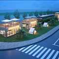 Modern Commercial Street Featuring Illuminated Buildings Outdoor Seating Vintage Train And Green Landscaping