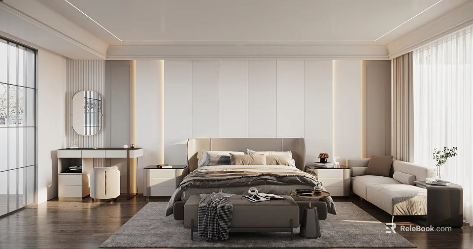 Modern Bedroom Interior With Large Bed Nightstands Sofa Bench And Plush Carpet 3d model 