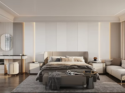 Modern Bedroom Interior With Large Bed Nightstands Sofa Bench And Plush Carpet 3d model