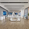 Smart Life Exhibition Hall With White Display Tables Smart Devices Screens And Green Plants