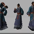 Three Traditional Attire Characters Displaying Different Poses in Blue Purple Robes with Red Belts